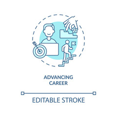 Advancing career blue concept icon. Business development. Personal growth. Professional promotion idea thin line illustration. Vector isolated outline RGB color drawing. Editable stroke