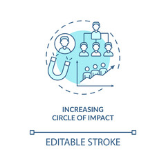 Increasing circle of impact blue concept icon. Social media marketing. Leadership and personal influence idea thin line illustration. Vector isolated outline RGB color drawing. Editable stroke