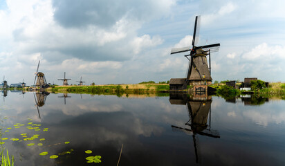 view of historic 18-century windmills at Kinderdijk in South Holland