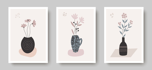 Vases, pots with plants. Grunge background. Modern contemporary art set. Wall art design. Cover, poster, logo, branding concept. Hand drawn grunge texture.