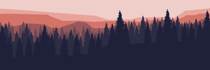 Fototapeta premium simple minimalist forest mountain flat design vector illustration for web banner, background template, wallpaper, tourism banner template and adventure design template