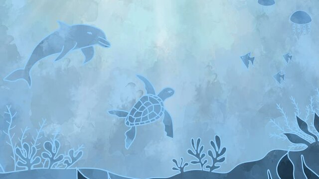 Animation of the underwater world drawn in watercolor style with dolphins, jellyfish, turtle, fish, algae. Natural background