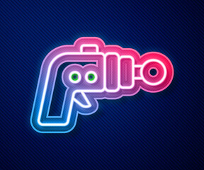 Glowing neon line Ray gun icon isolated on blue background. Laser weapon. Space blaster. Vector