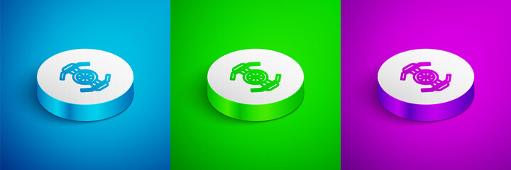 Isometric line Cosmic ship icon isolated on blue, green and purple background. White circle button. Vector