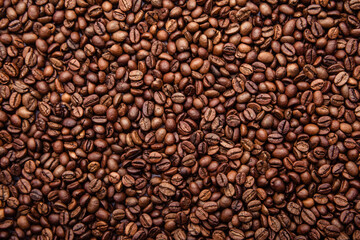 Close-up horizontal shot of brown coffee beans
