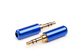 Blue audio jacks 3.5mm headphone with gold plated contacts isolated on white background. Stack photo