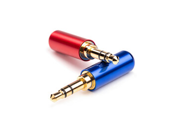Red and blue audio jacks 3.5mm headphone stereo isolated on white background. Stack photo