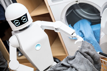 robot or cyborg is working in the household