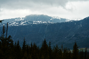 Spring in Hemsedal, Norway. The snow is melting and summer is coming. Beautiful landscape in a over casted day. 