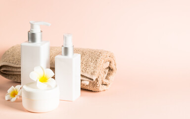 Natural cosmetic product. Spa background. Scincare product - gel, tonic, soap and cream at pastel background.