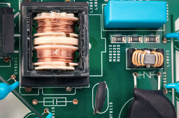 Top view, Inductor copper coil on circuit board.