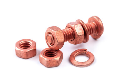 Copper bolts and nuts isolated on white background.