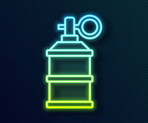 Obraz premium Glowing neon line Hand smoke grenade icon isolated on black background. Bomb explosion. Vector