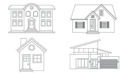 House vector 2 (Outline) ,houses exterior vector illustration front view ,residential buildings of different styles