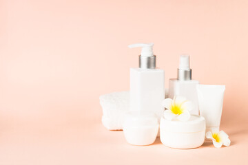 Cosmetic product. Scincare product - gel, tonic, cream at pastel background. Healthcare, spa background.
