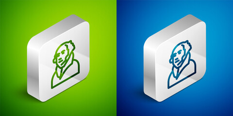Isometric line George Washington icon isolated on green and blue background. Silver square button. Vector