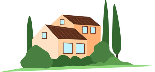 Country houses on the hill, farm, farm houses. Colored vector illustration in cartoon style