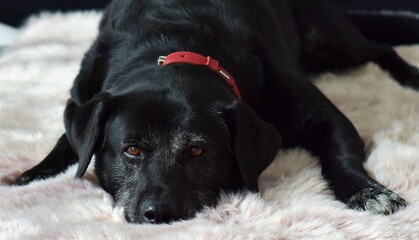 the dog lies on the carpet on a black background