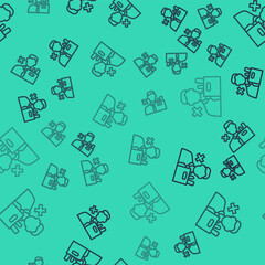 Black line Dismissed sad young man carrying box with his personal belonging leaving his job icon isolated seamless pattern on green background. Employee fired from work. Vector