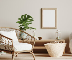 Mock up frame in cozy beige home interior background, 3d render