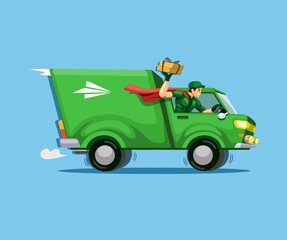 Courier express driving truck holding package deliver to customer concept cartoon illustration vector
