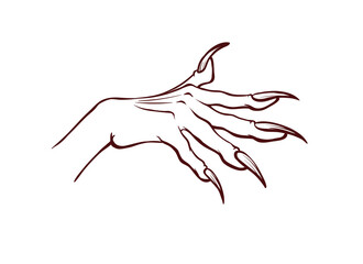 Side view of open witch hand with long sharp nails