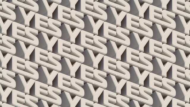 Pattern with moving YES words from white 3d letters loop animation. 3d rendering