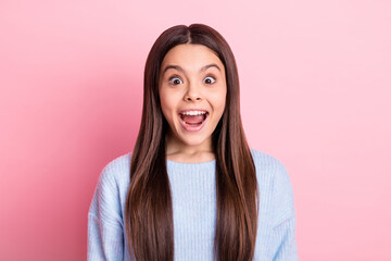 Fototapeta premium Portrait of attractive crazy cheerful girl great news reaction isolated over pink pastel color background