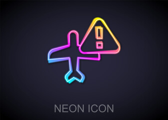 Glowing neon line Warning aircraft icon isolated on black background. Faulty plane. Flying prohibition zone. Plane is forbidden for transportation and travelling. Vector