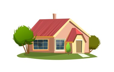 Rural house in the meadow. Half turn. Cheerful cartoon flat style. Isolated on white background. Gable roof. Small cozy suburban cottage with trees. Sun and sky. Vector.