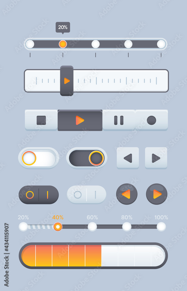 Poster Web sliders. Online pages ui navigation elements buttons dynamic sliders and dividers equalizer garish vector template