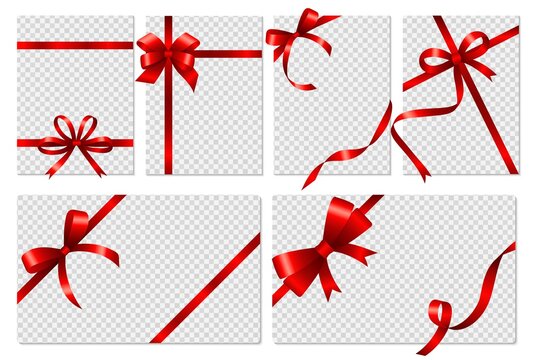 Transparent cards. Banners with realistic red bows and ribbon. Isolated empty gift flyers or voucher, social media stories vector templates
