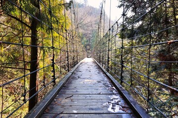 山の中にかかる木製の吊橋