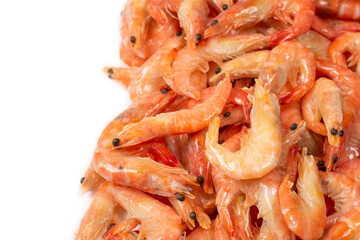 Shrimps background texture. A lot of shrimps. Cooked shrimps.