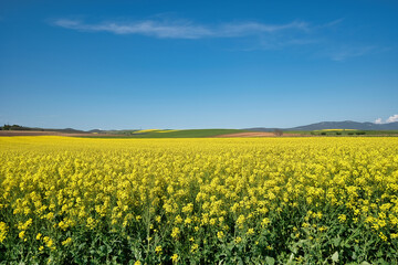 Fototapeta premium rural landscape, rapeseed, wheat and blue sky of spring