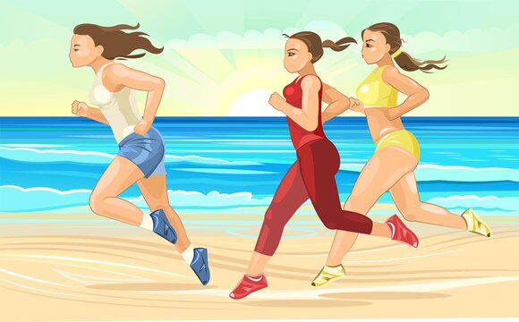 The girls are running along the beach. Sports running. Fitness and healthy lifestyle. Flat cartoon style. Women runners train on the seashore. Women's athletics. Illustration Vector