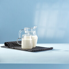 Fresh milk on desk and blue background 