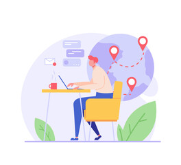 Freelance Concept. Freelancer man working at home and earning money remotely. Global outsourcing, remote working and home office. Work chat. Vector illustration for web design