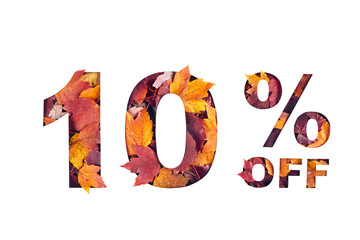 Paper cut 10 percent off text filled with texture of yellow and red autumn fall maple leaves...