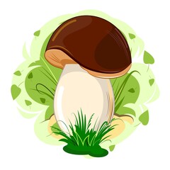 Mushroom with a brown hat on an abstract background. Picture. Vector isolated on white. Cartoon flat style. Beautiful little forest mushroom in the grass.