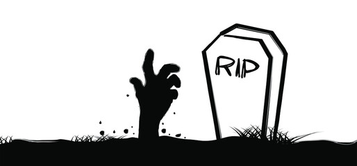 Hand reaching from the grave with text RIP. Rise of zombies hand from the ground. Hands on other layer. Zombie hand rising. Scary hand, symbol for Halloween party. Vector up hands pictogram.