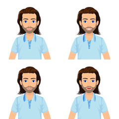 Set of male facial different expressions. Man character with different emotions. Emotions and body language concept illustration in vector cartoon style