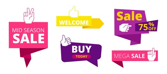 Sale banners. Welcome, discount stickers with like hand signs. Recommended symbols and sales labels vector set