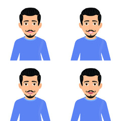 Set of male facial different expressions. Man character with different emotions. Emotions and body language concept illustration in vector cartoon style