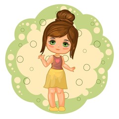 Cute little girl in a skirt. Cheerful funny child in a good mood. The isolated object on a white background. Young baby. Cartoon flat style. Vector