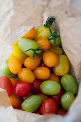 Diverse kind of cherry tomatoes in a paper bag. Fresh and organic tomatoes in different shapes and colors. 