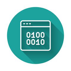 White line Binary code icon isolated with long shadow background. Green circle button. Vector