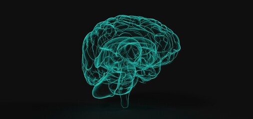 Colorful polygonal 3D brain illustration on BG.
