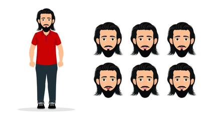 Set of male facial different expressions. Man character with different emotions. Emotions and body language concept illustration in vector cartoon style