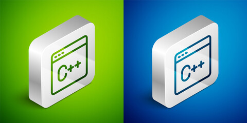 Isometric line Software, web developer programming code icon isolated on green and blue background. Javascript computer script random parts of program code. Silver square button. Vector